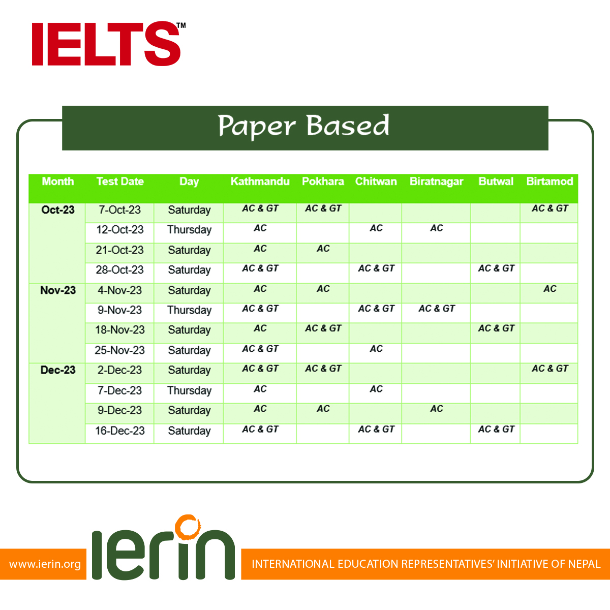 IELTS Paper Based Test Dates (October - December 2023)
